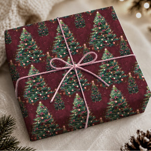 Cute Coquette Dark Red Christmas Trees Wrapping Paper