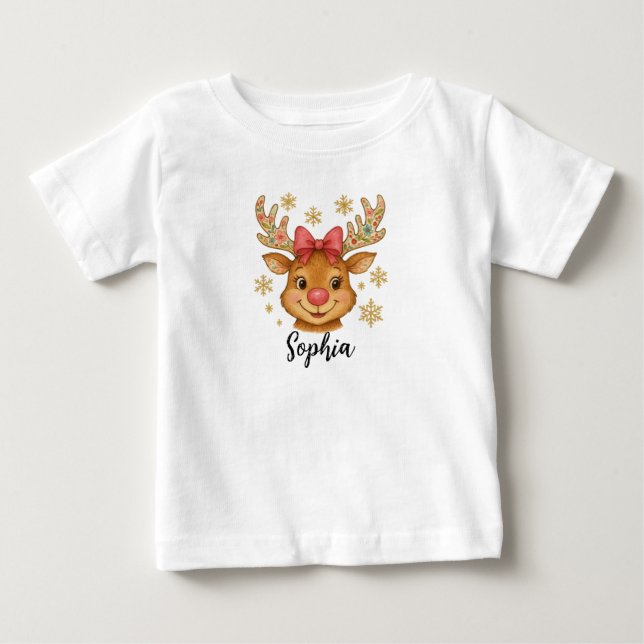 Cute Coquette Floral Christmas Reindeer Baby T-Shirt (Front)