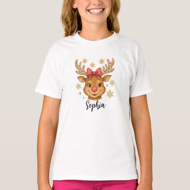 Cute Coquette Floral Christmas Reindeer T-Shirt (Front)