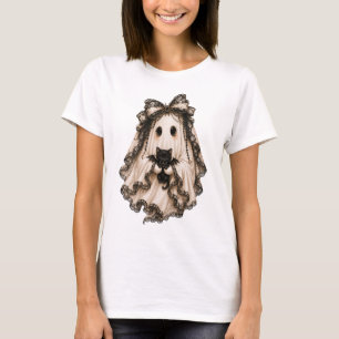 Cute Coquette Ghost With Cat Halloween T-Shirt