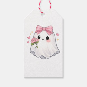 Cute Coquette Ghost with Pink Bow, Rose Halloween Gift Tags