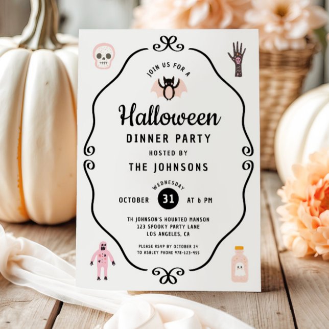 Cute Coquette Halloween Dinner Party Invitation (Cute Coquette Halloween Dinner Party Invitation)