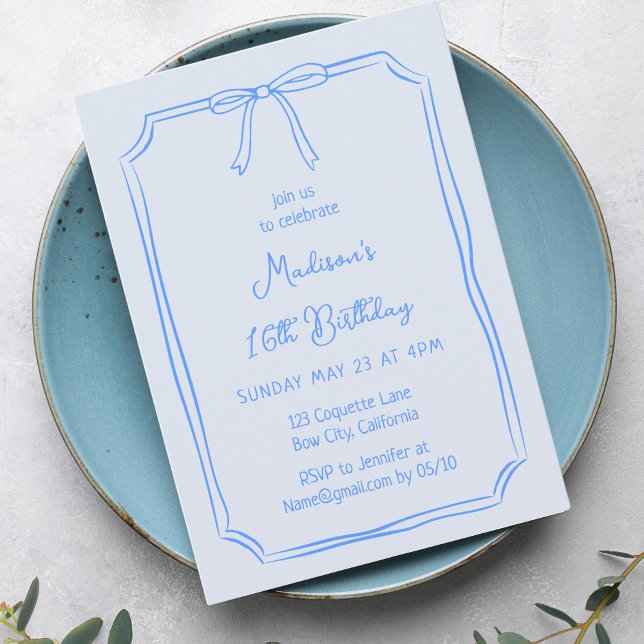 Cute Coquette Hand Drawn Bow Whimsical Birthday Invitation (Creator Uploaded)