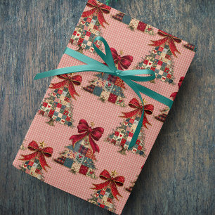 Cute coquette patchwork christmas trees gingham wrapping paper