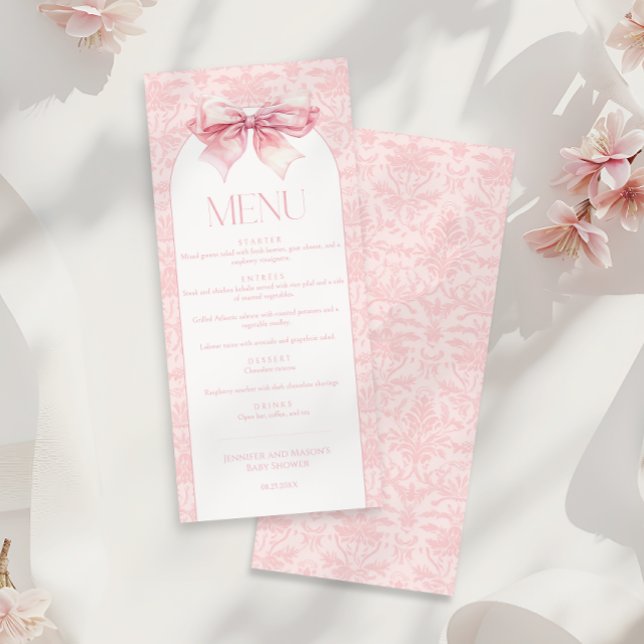 Cute Coquette Pink Bow Damask Baby Girl Shower  Menu (Creator Uploaded)