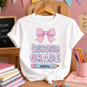 Cute Coquette Pink Bow Personalised Second Grade T-Shirt