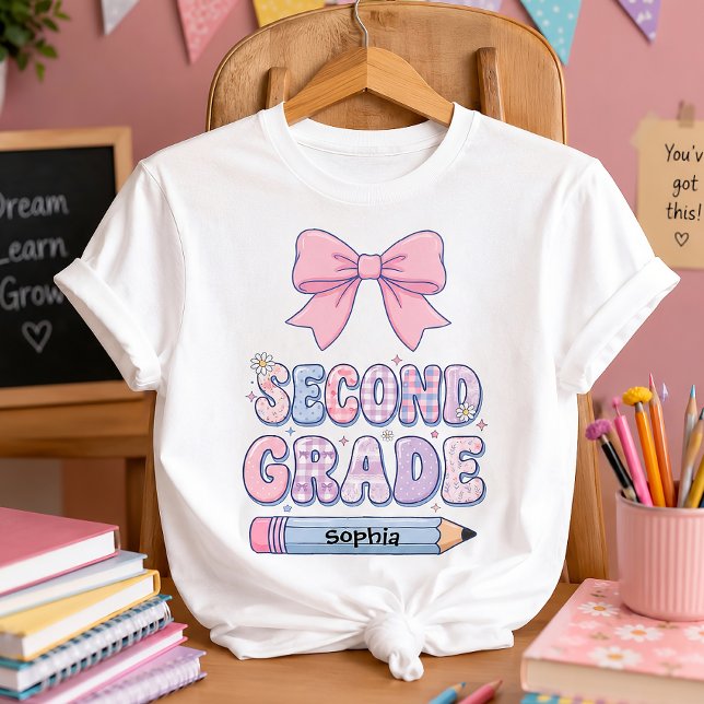 Cute Coquette Pink Bow Personalised Second Grade T-Shirt (Creator Uploaded)