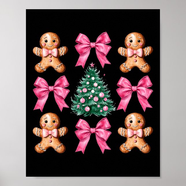 Cute Coquette Pink Bow Xmas Gingerbread Man Christ Poster (Front)