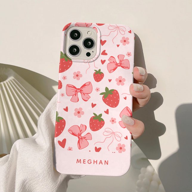 Cute Coquette Pink Strawberries & Bows Custom Case-Mate iPhone Case (Creator Uploaded)
