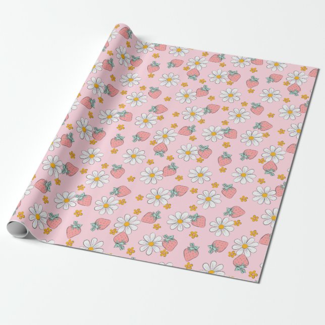 Cute Coquette Pink Strawberries Daisy Flower Fruit Wrapping Paper (Unrolled)