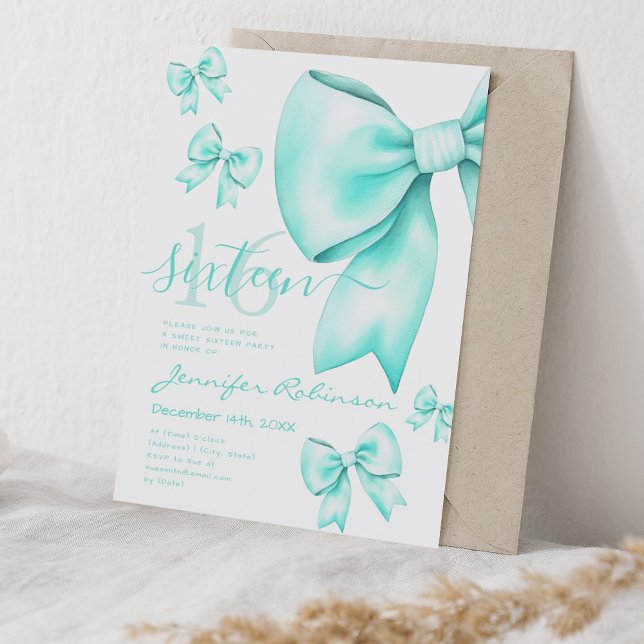 Cute Coquette Turquoise Bow Sweet 16  Invitation (Cute Coquette Turquoise Bow Sweet 16 Invitation)