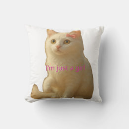 Cute Coquette White Cat I'm Just a Girl Pink Bow Cushion