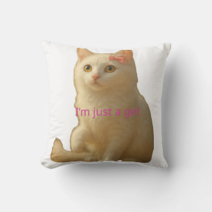 Cute Coquette White Cat I'm Just a Girl Pink Bow Cushion