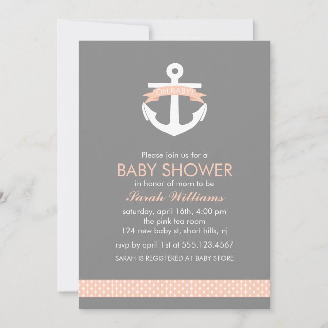 Cute Coral Anchor Nautical Theme Baby Shower Invitation (Front)