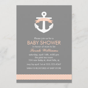 Cute Coral Anchor Nautical Theme Baby Shower Invitation