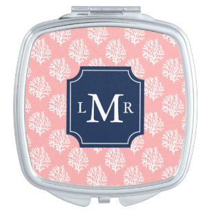 Cute Coral Pattern and Blue Monogram Makeup Mirror