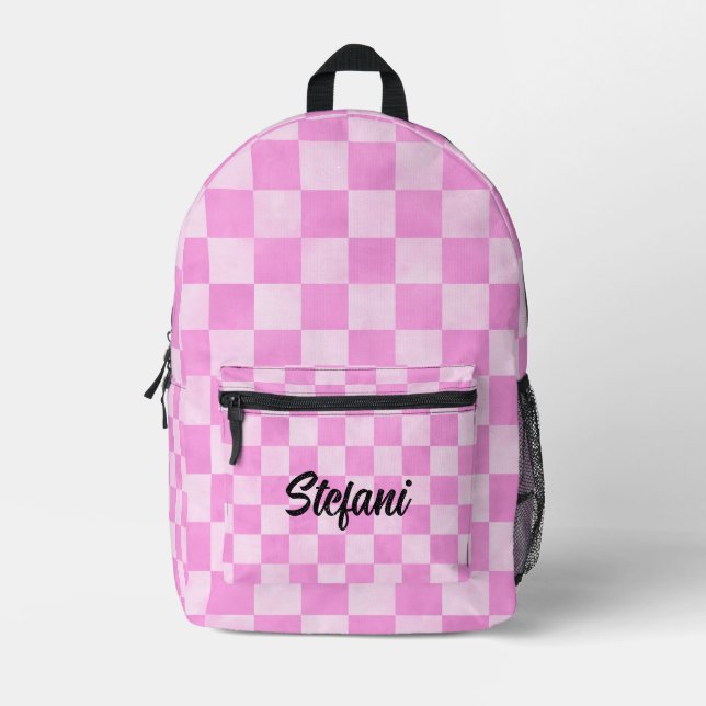 Cute Coral Peach Checkers Pattern Name Printed Backpack (Front)