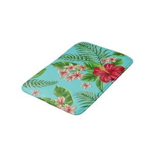 Cute Coral Tropical Hibiscus Flower On Turquoise Bath Mat