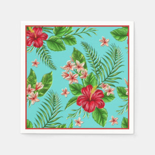 Cute Coral Tropical Hibiscus Flower On Turquoise Napkin