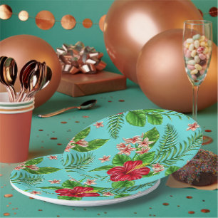 Cute Coral Tropical Hibiscus Flower On Turquoise Paper Plate
