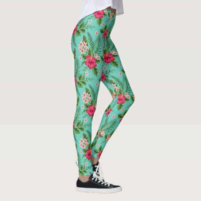 Cute Coral Tropical Summer Flower On Turquoise Leggings (Right)