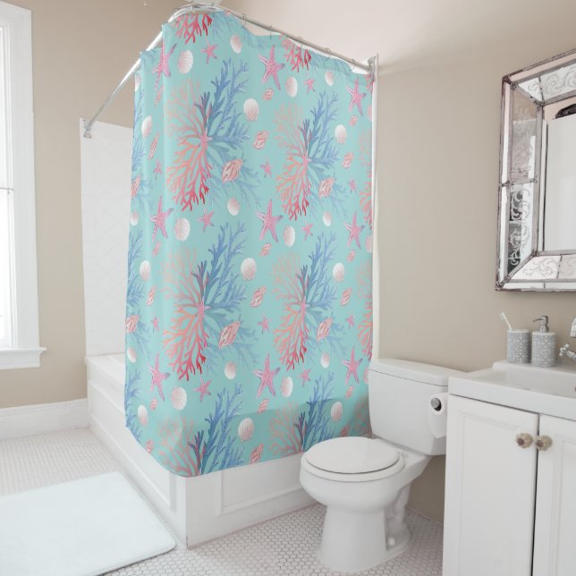 Cute Corals Seashells Oysters Ocean Robin Egg Blue Shower Curtain (In Situ)