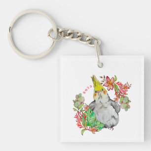 Cute Corella parrot in tropical flowers Baby Bodys Key Ring