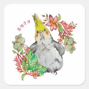 Cute Corella parrot in tropical flowers Baby Bodys Square Sticker