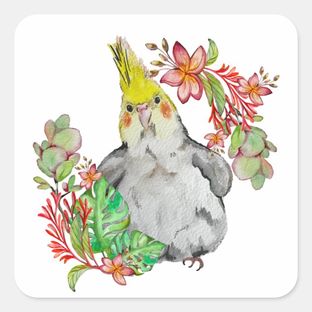 Cute Corella parrot in tropical flowers Baby Bodys Square Sticker (Front)