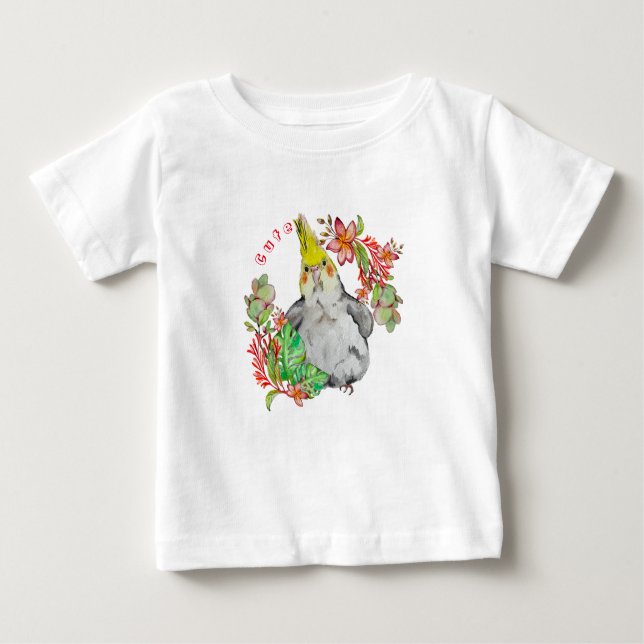 Cute Corella parrot in tropical flowers Baby Bodys T-Shirt (Front)