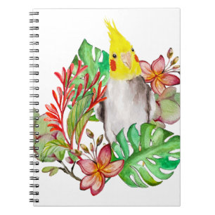 Cute Corella parrot in tropical plants and flowers Notebook