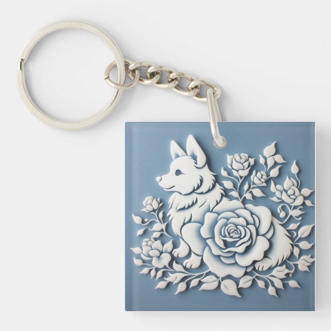 Cute corgi 3D chinoiserie rose Acrylic Keychain (Front)