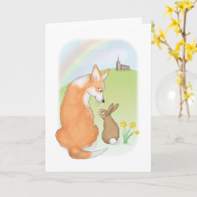 Cute corgi and rabbit Easter card (Yellow Flower)