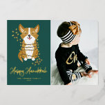Cute Corgi and String Lights Photo Happy Hanukkah<br><div class="desc">Happy Hanukkah! Send your festive greetings with this customisable gold foil Hanukkah photo flat card. It features an adorable corgi wrapped in string lights. Personalise by adding a photo,  names,  year and other details. This cute corgi photo Hanukkah flat card is available in other foil colours.</div>