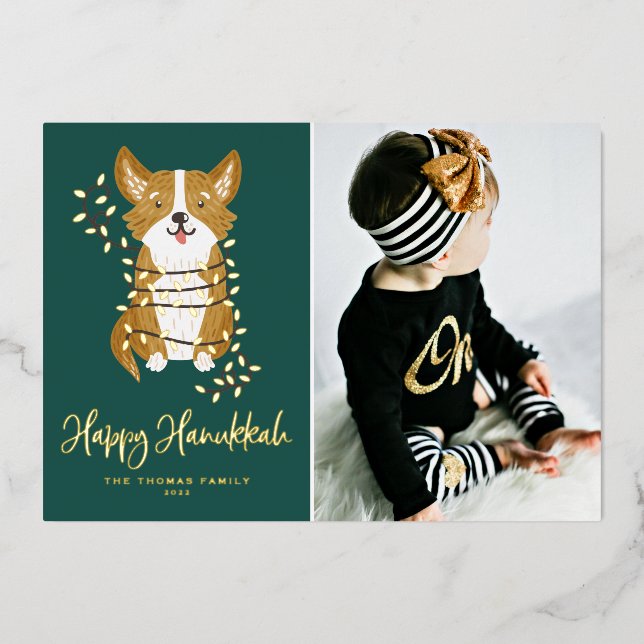 Cute Corgi and String Lights Photo Happy Hanukkah (Front)