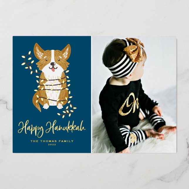 Cute Corgi and String Lights Photo Happy Hanukkah  (Front)
