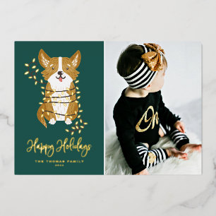 Cute Corgi and String Lights Photo Happy Holidays