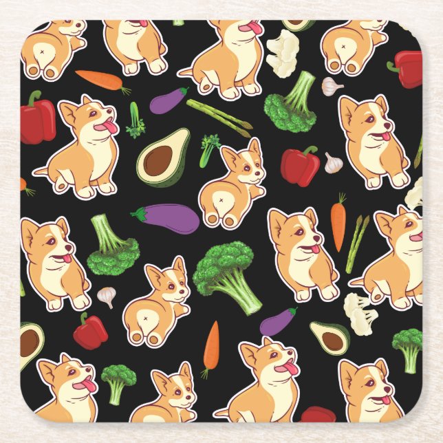 Cute Corgi and Vegetables Food Pattern Black Square Paper Coaster (Front)
