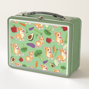 Cute Corgi and Vegetables Food Pattern Green Metal Lunch Box