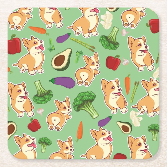 Cute Corgi and Vegetables Food Pattern Green  Square Paper Coaster (Front)