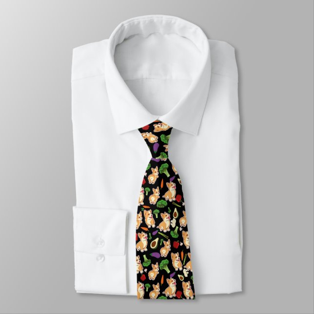 Cute Corgi and Vegetables Food Pattern  Tie (Tied)