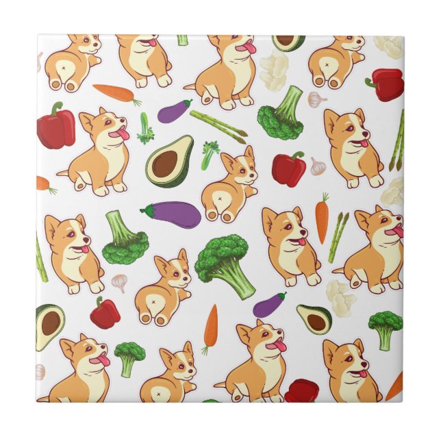 Cute Corgi and Vegetables Food Pattern Tile (Front)