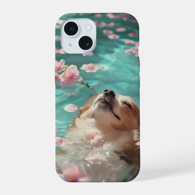 Cute Corgi Chill in Pool iPhone 15 Case (Back)