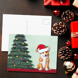 Cute Corgi Christmas Tree Dog Santa Hat Holiday Postcard