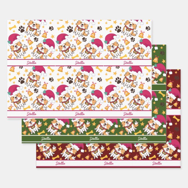 Cute Corgi Christmas With Custom Dog Name Wrapping Paper Sheet (Set)