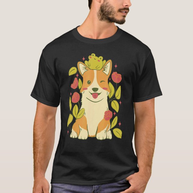 Cute Corgi Dog And Frog T-Shirt (Front)