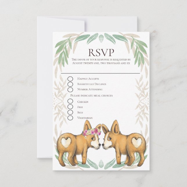 Cute Corgi Dog Bride and Groom Wedding RSVP (Front)