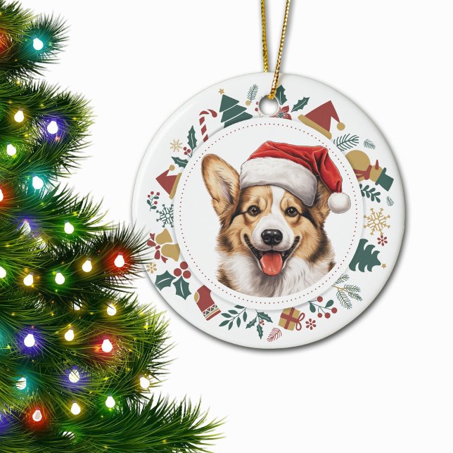 Cute Corgi Dog Christmas Images Wreath Ceramic Tree Decoration (Creator Uploaded)