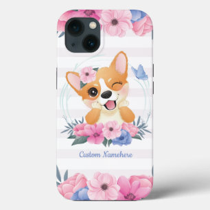 Cute Corgi Dog Flower Wreath Blue Butterfly Custom iPhone 13 Case