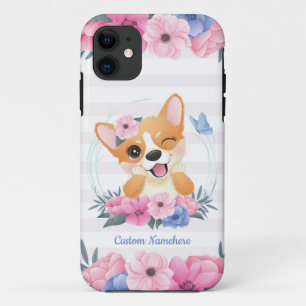 Cute Corgi Dog Flower Wreath Blue Butterfly Custom Case-Mate iPhone Case
